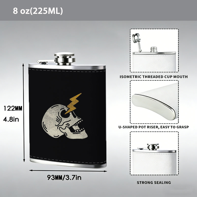 Skull with lightning bolt on black background 8oz Hip Flask for Liquor Organizer Case Alcohol Flagon for Travel Portable Leakproof Stainless Steel Wine Bottle Holder  Alcohol Whiskey Drinkware Accessories