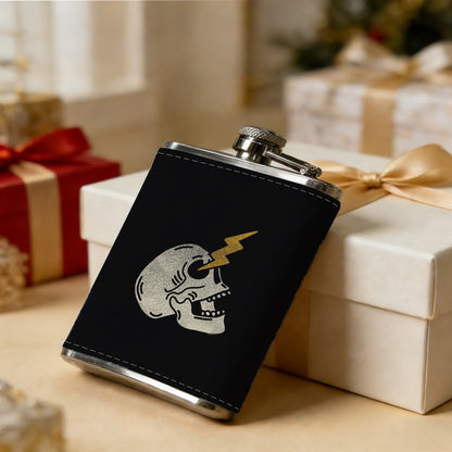 Skull with lightning bolt on black background 8oz Hip Flask for Liquor Organizer Case Alcohol Flagon for Travel Portable Leakproof Stainless Steel Wine Bottle Holder  Alcohol Whiskey Drinkware Accessories