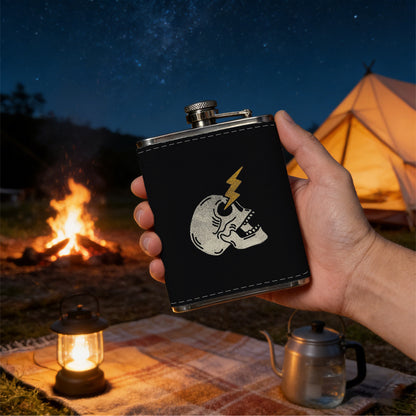 Skull with lightning bolt on black background 8oz Hip Flask for Liquor Organizer Case Alcohol Flagon for Travel Portable Leakproof Stainless Steel Wine Bottle Holder  Alcohol Whiskey Drinkware Accessories