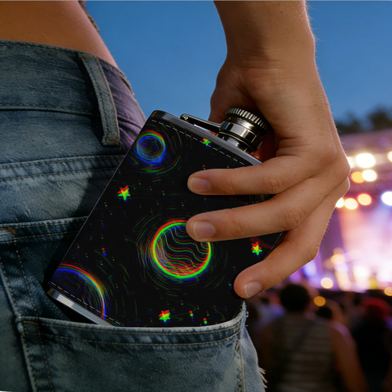 Colorful neon space planets 8oz Hip Flask for Liquor Organizer Case Alcohol Flagon for Travel Portable Leakproof Stainless Steel Wine Bottle Holder  Alcohol Whiskey Drinkware Accessories