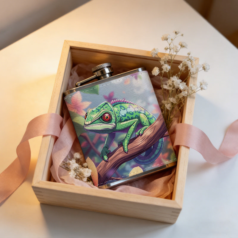 A green frog on floral branch 8oz Portable Stainless Steel Hip Flask - Juice Flask - Perfect Groomsmen Gift - Unique Whiskey Flask for Men and Women, Wine Pot Metal - Ideal stainless steel flask for all outdoor activities