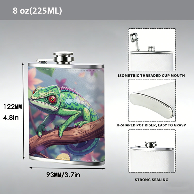 A green frog on floral branch 8oz Portable Stainless Steel Hip Flask - Juice Flask - Perfect Groomsmen Gift - Unique Whiskey Flask for Men and Women, Wine Pot Metal - Ideal stainless steel flask for all outdoor activities