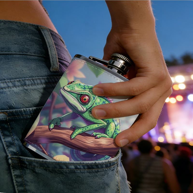A green frog on floral branch 8oz Portable Stainless Steel Hip Flask - Juice Flask - Perfect Groomsmen Gift - Unique Whiskey Flask for Men and Women, Wine Pot Metal - Ideal stainless steel flask for all outdoor activities