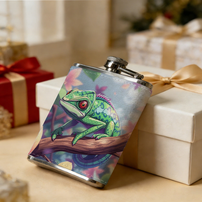 A green frog on floral branch 8oz Portable Stainless Steel Hip Flask - Juice Flask - Perfect Groomsmen Gift - Unique Whiskey Flask for Men and Women, Wine Pot Metal - Ideal stainless steel flask for all outdoor activities