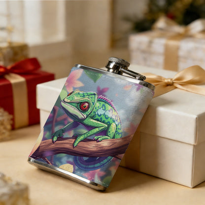 A green frog on floral branch 8oz Portable Stainless Steel Hip Flask - Juice Flask - Perfect Groomsmen Gift - Unique Whiskey Flask for Men and Women, Wine Pot Metal - Ideal stainless steel flask for all outdoor activities