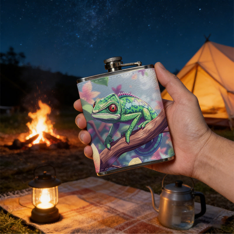 A green frog on floral branch 8oz Portable Stainless Steel Hip Flask - Juice Flask - Perfect Groomsmen Gift - Unique Whiskey Flask for Men and Women, Wine Pot Metal - Ideal stainless steel flask for all outdoor activities