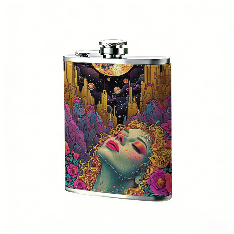 Blonde mermaid under moon with red roses 8oz Portable Stainless Steel Hip Flask - Juice Flask - Perfect Groomsmen Gift - Unique Whiskey Flask for Men and Women, Wine Pot Metal - Ideal stainless steel flask for all outdoor activities