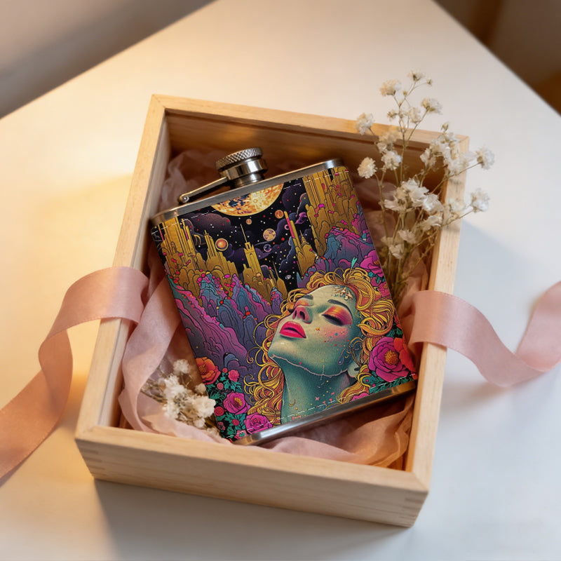 Blonde mermaid under moon with red roses 8oz Portable Stainless Steel Hip Flask - Juice Flask - Perfect Groomsmen Gift - Unique Whiskey Flask for Men and Women, Wine Pot Metal - Ideal stainless steel flask for all outdoor activities