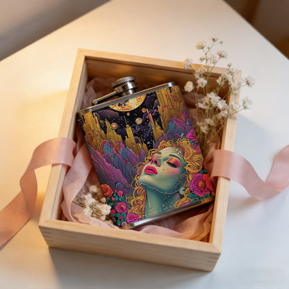 Blonde mermaid under moon with red roses 8oz Portable Stainless Steel Hip Flask - Juice Flask - Perfect Groomsmen Gift - Unique Whiskey Flask for Men and Women, Wine Pot Metal - Ideal stainless steel flask for all outdoor activities