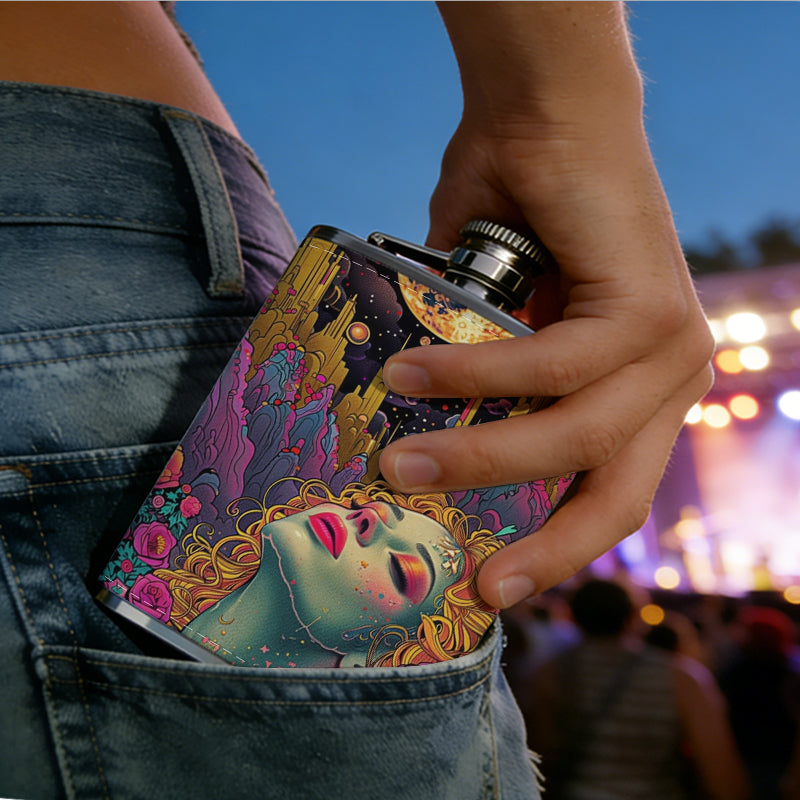 Blonde mermaid under moon with red roses 8oz Portable Stainless Steel Hip Flask - Juice Flask - Perfect Groomsmen Gift - Unique Whiskey Flask for Men and Women, Wine Pot Metal - Ideal stainless steel flask for all outdoor activities