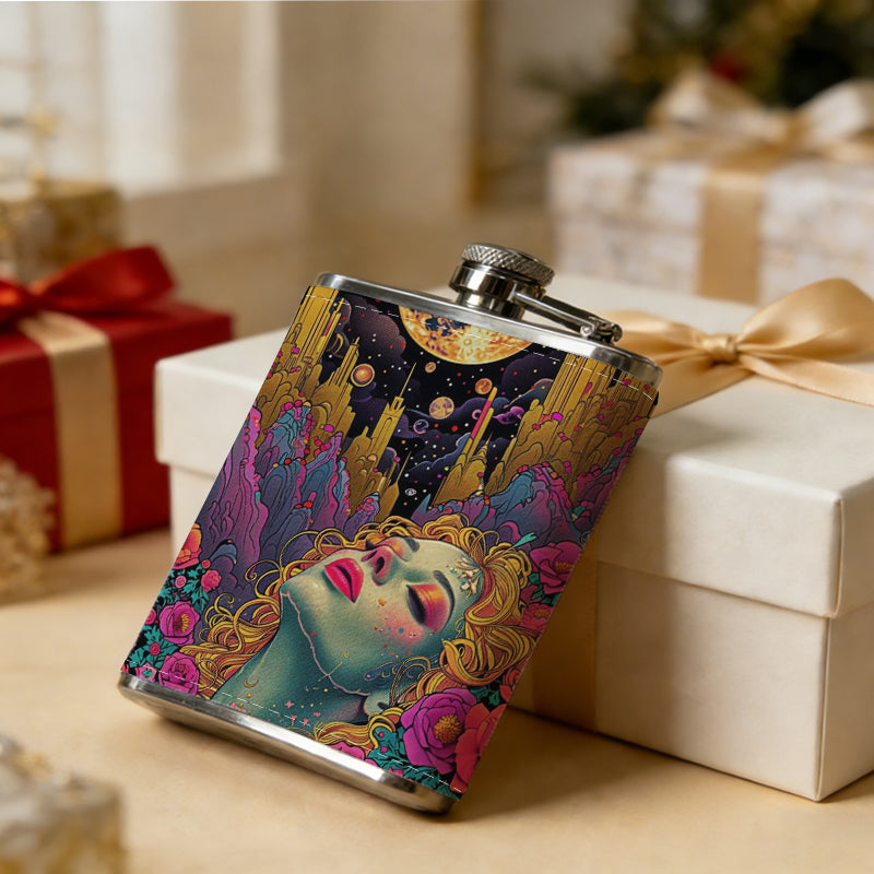 Blonde mermaid under moon with red roses 8oz Portable Stainless Steel Hip Flask - Juice Flask - Perfect Groomsmen Gift - Unique Whiskey Flask for Men and Women, Wine Pot Metal - Ideal stainless steel flask for all outdoor activities