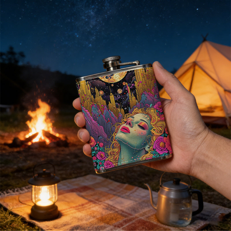 Blonde mermaid under moon with red roses 8oz Portable Stainless Steel Hip Flask - Juice Flask - Perfect Groomsmen Gift - Unique Whiskey Flask for Men and Women, Wine Pot Metal - Ideal stainless steel flask for all outdoor activities