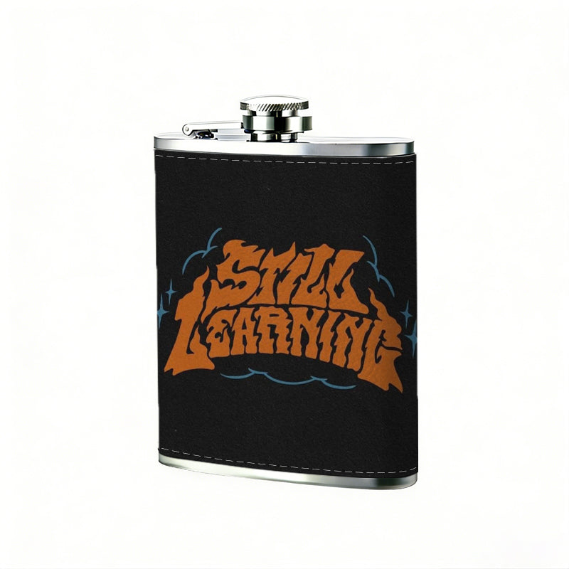 Orange stylized text on black background 8oz Portable Stainless Steel Hip Flask - Juice Flask - Perfect Groomsmen Gift - Unique Whiskey Flask for Men and Women, Wine Pot Metal - Ideal stainless steel flask for all outdoor activities