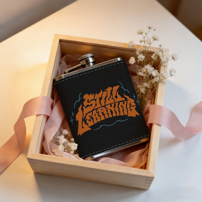 Orange stylized text on black background 8oz Portable Stainless Steel Hip Flask - Juice Flask - Perfect Groomsmen Gift - Unique Whiskey Flask for Men and Women, Wine Pot Metal - Ideal stainless steel flask for all outdoor activities