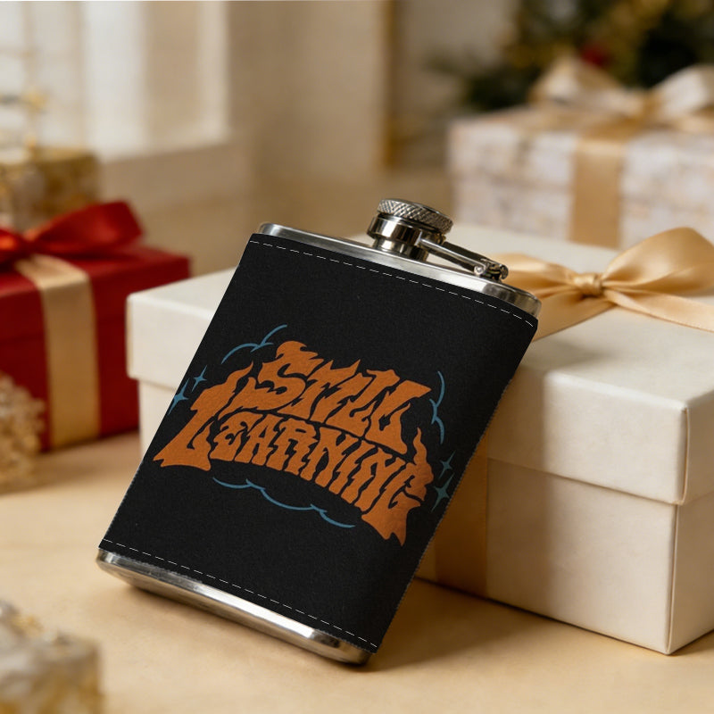 Orange stylized text on black background 8oz Portable Stainless Steel Hip Flask - Juice Flask - Perfect Groomsmen Gift - Unique Whiskey Flask for Men and Women, Wine Pot Metal - Ideal stainless steel flask for all outdoor activities