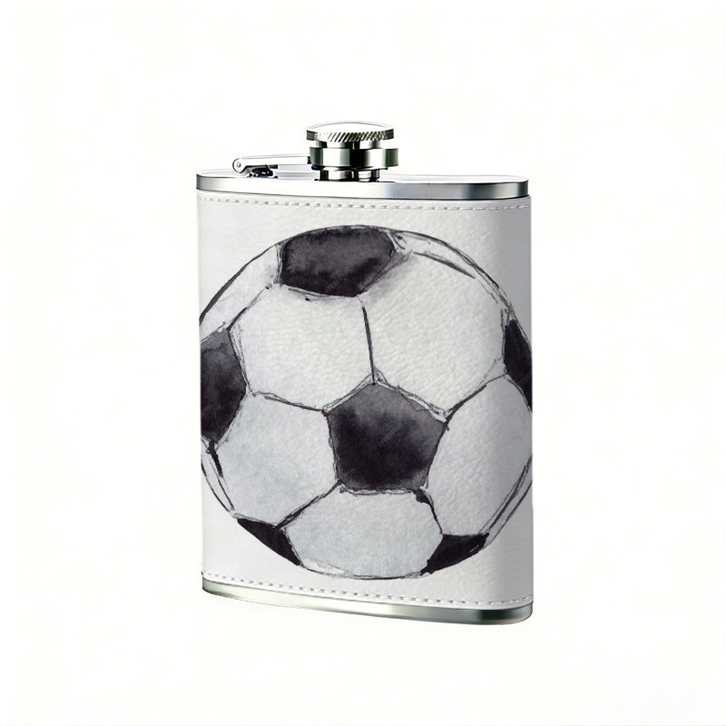 A black and white soccer ball 8oz Portable Stainless Steel Hip Flask - Juice Flask - Perfect Groomsmen Gift - Unique Whiskey Flask for Men and Women, Wine Pot Metal - Ideal stainless steel flask for all outdoor activities