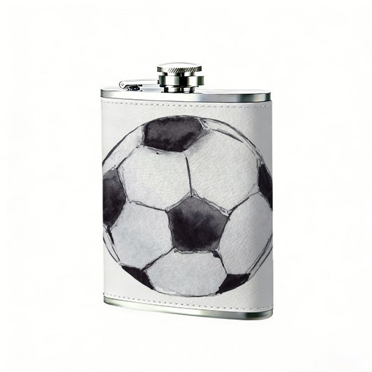 A black and white soccer ball 8oz Portable Stainless Steel Hip Flask - Juice Flask - Perfect Groomsmen Gift - Unique Whiskey Flask for Men and Women, Wine Pot Metal - Ideal stainless steel flask for all outdoor activities
