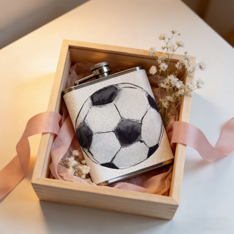 A black and white soccer ball 8oz Portable Stainless Steel Hip Flask - Juice Flask - Perfect Groomsmen Gift - Unique Whiskey Flask for Men and Women, Wine Pot Metal - Ideal stainless steel flask for all outdoor activities