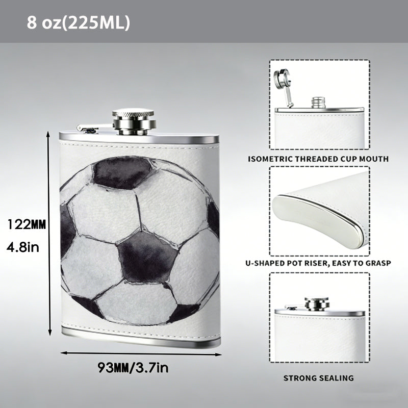 A black and white soccer ball 8oz Portable Stainless Steel Hip Flask - Juice Flask - Perfect Groomsmen Gift - Unique Whiskey Flask for Men and Women, Wine Pot Metal - Ideal stainless steel flask for all outdoor activities