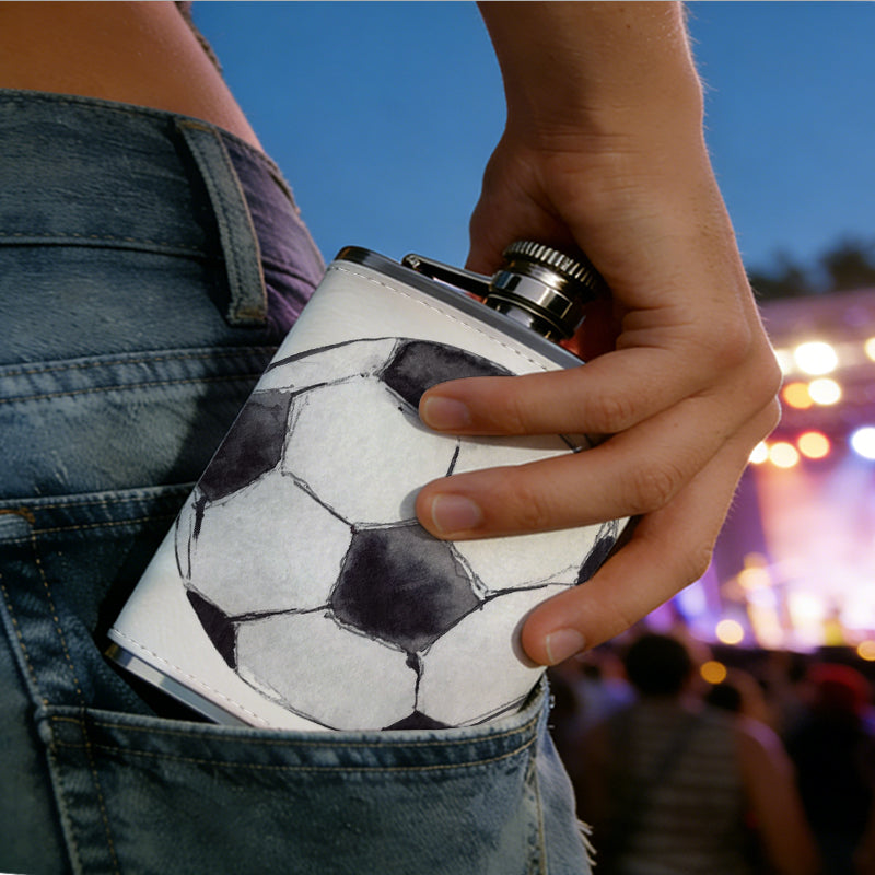 A black and white soccer ball 8oz Portable Stainless Steel Hip Flask - Juice Flask - Perfect Groomsmen Gift - Unique Whiskey Flask for Men and Women, Wine Pot Metal - Ideal stainless steel flask for all outdoor activities