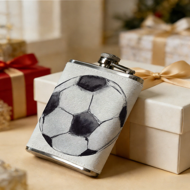 A black and white soccer ball 8oz Portable Stainless Steel Hip Flask - Juice Flask - Perfect Groomsmen Gift - Unique Whiskey Flask for Men and Women, Wine Pot Metal - Ideal stainless steel flask for all outdoor activities