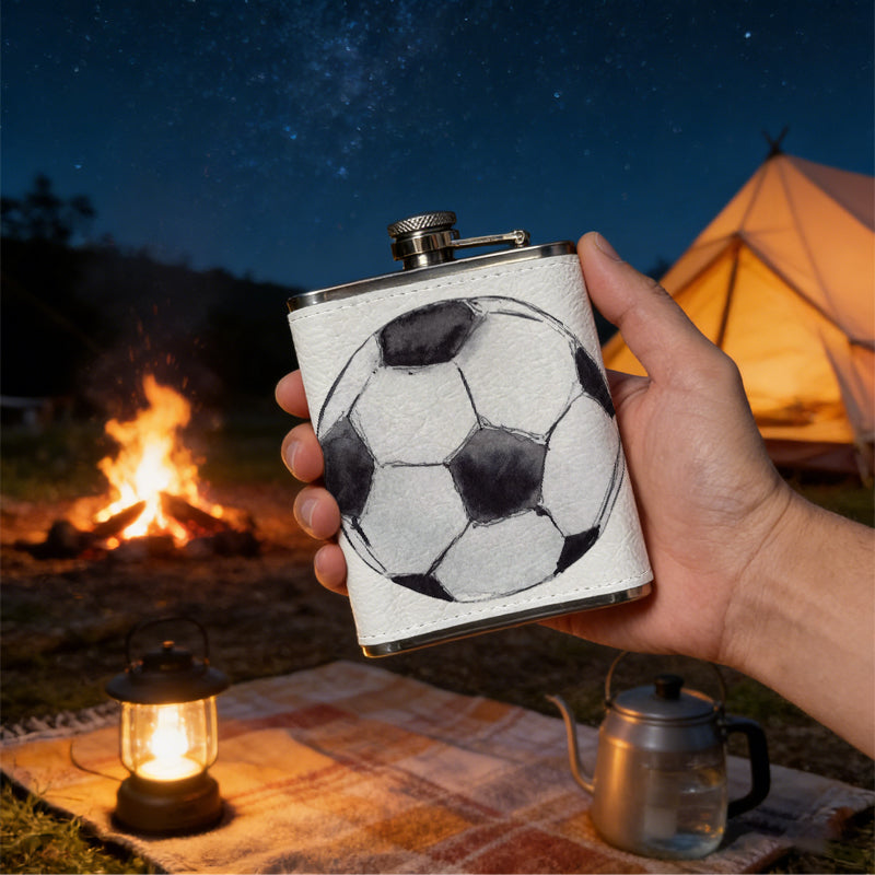 A black and white soccer ball 8oz Portable Stainless Steel Hip Flask - Juice Flask - Perfect Groomsmen Gift - Unique Whiskey Flask for Men and Women, Wine Pot Metal - Ideal stainless steel flask for all outdoor activities