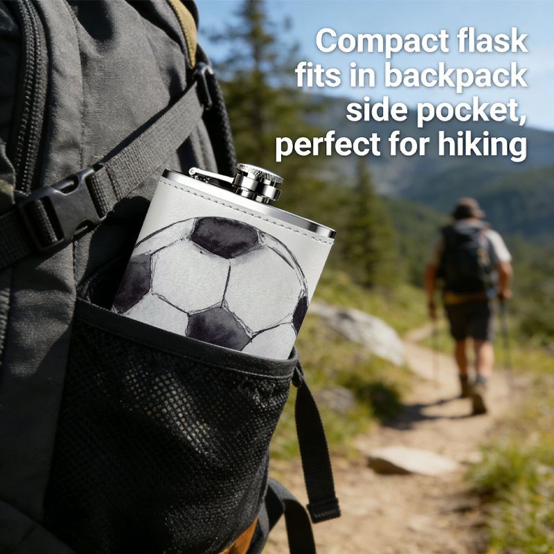 A black and white soccer ball 8oz Portable Stainless Steel Hip Flask - Juice Flask - Perfect Groomsmen Gift - Unique Whiskey Flask for Men and Women, Wine Pot Metal - Ideal stainless steel flask for all outdoor activities