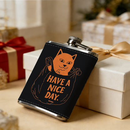 Cartoon dog and "Have a nice day" text 8oz Portable Stainless Steel Hip Flask - Juice Flask - Perfect Groomsmen Gift - Unique Whiskey Flask for Men and Women, Wine Pot Metal - Ideal stainless steel flask for all outdoor activities