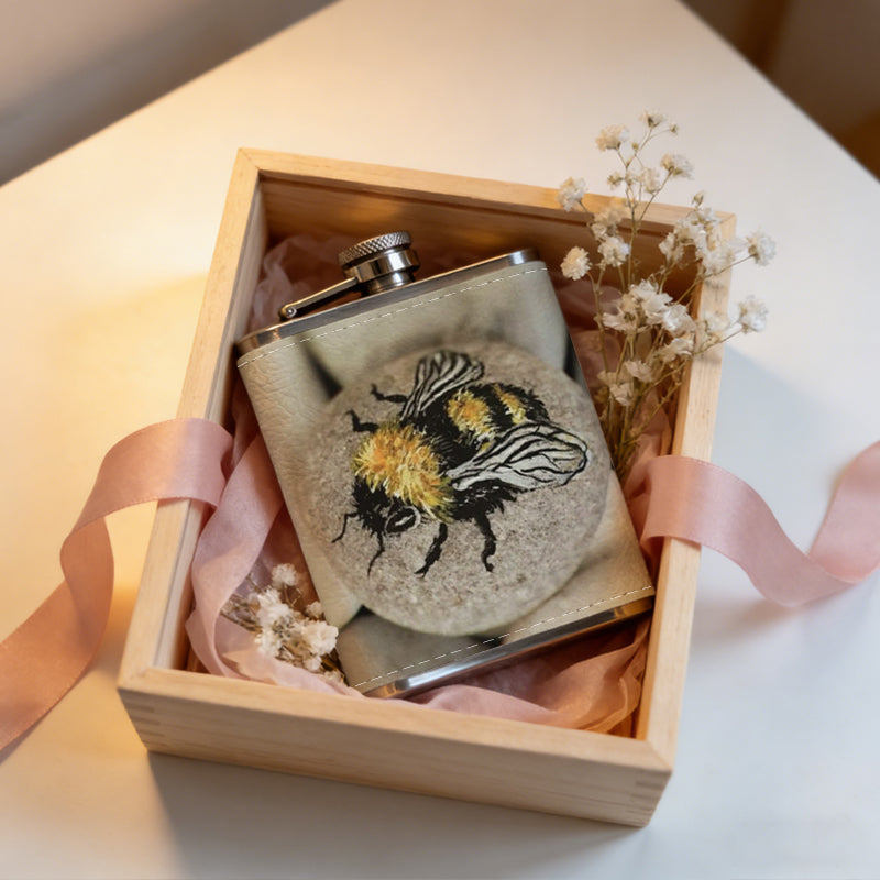 A bee on white round beads 8oz Portable Stainless Steel Hip Flask - Juice Flask - Perfect Groomsmen Gift - Unique Whiskey Flask for Men and Women, Wine Pot Metal - Ideal stainless steel flask for all outdoor activities