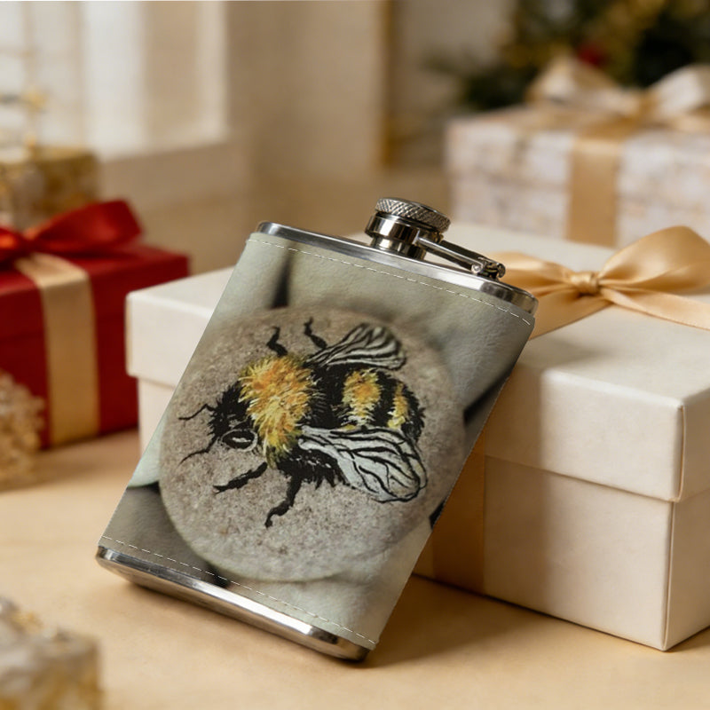 A bee on white round beads 8oz Portable Stainless Steel Hip Flask - Juice Flask - Perfect Groomsmen Gift - Unique Whiskey Flask for Men and Women, Wine Pot Metal - Ideal stainless steel flask for all outdoor activities