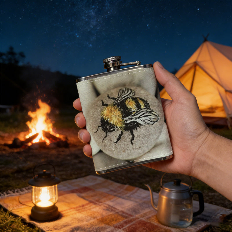 A bee on white round beads 8oz Portable Stainless Steel Hip Flask - Juice Flask - Perfect Groomsmen Gift - Unique Whiskey Flask for Men and Women, Wine Pot Metal - Ideal stainless steel flask for all outdoor activities