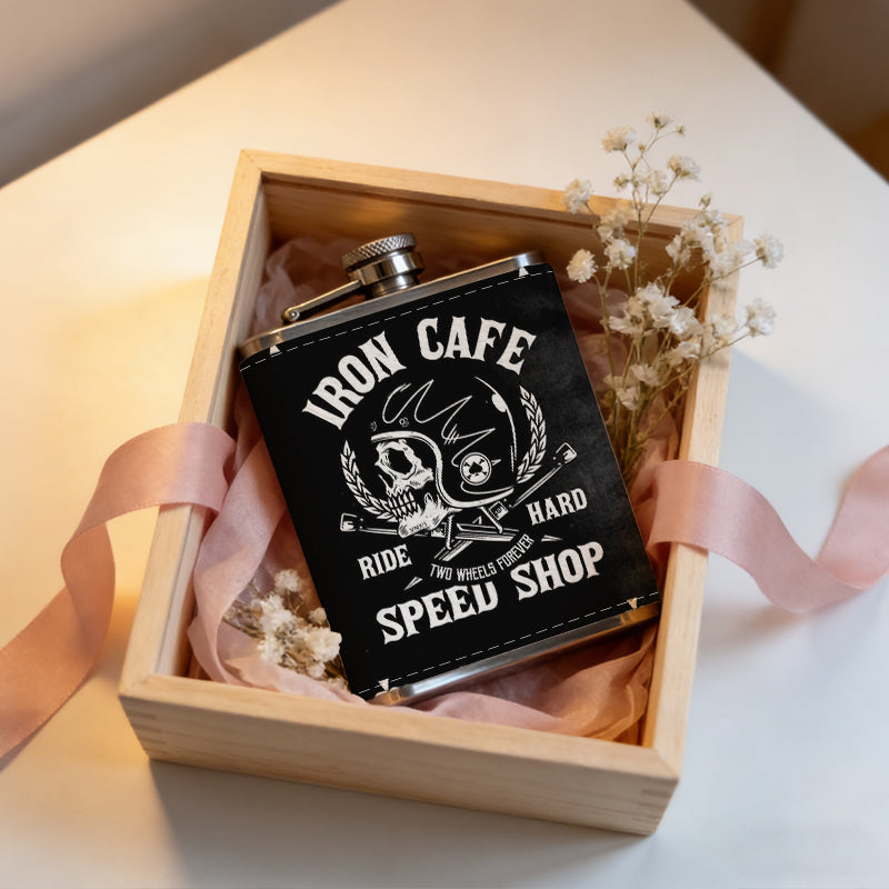 Ace of spades with cafe and skull logo 8oz Portable Stainless Steel Hip Flask - Juice Flask - Perfect Groomsmen Gift - Unique Whiskey Flask for Men and Women, Wine Pot Metal - Ideal stainless steel flask for all outdoor activities