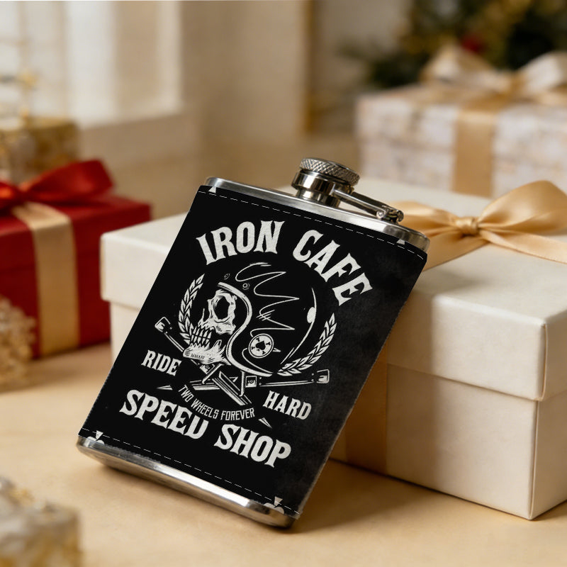 Ace of spades with cafe and skull logo 8oz Portable Stainless Steel Hip Flask - Juice Flask - Perfect Groomsmen Gift - Unique Whiskey Flask for Men and Women, Wine Pot Metal - Ideal stainless steel flask for all outdoor activities