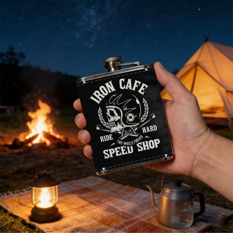 Ace of spades with cafe and skull logo 8oz Portable Stainless Steel Hip Flask - Juice Flask - Perfect Groomsmen Gift - Unique Whiskey Flask for Men and Women, Wine Pot Metal - Ideal stainless steel flask for all outdoor activities