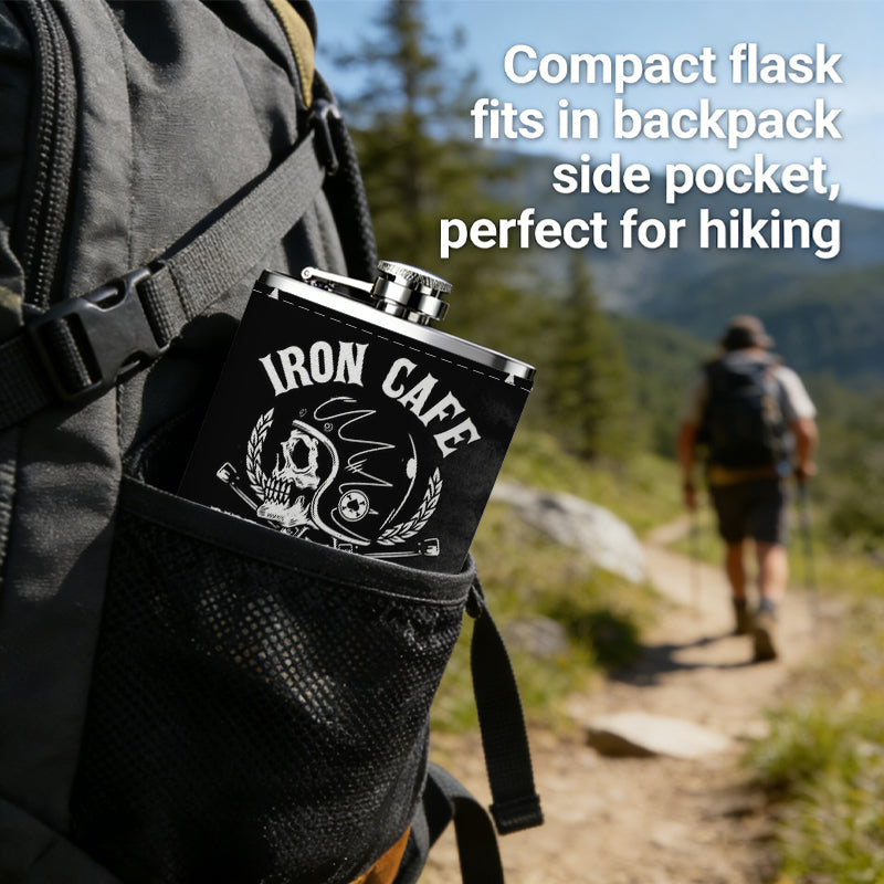 Ace of spades with cafe and skull logo 8oz Portable Stainless Steel Hip Flask - Juice Flask - Perfect Groomsmen Gift - Unique Whiskey Flask for Men and Women, Wine Pot Metal - Ideal stainless steel flask for all outdoor activities