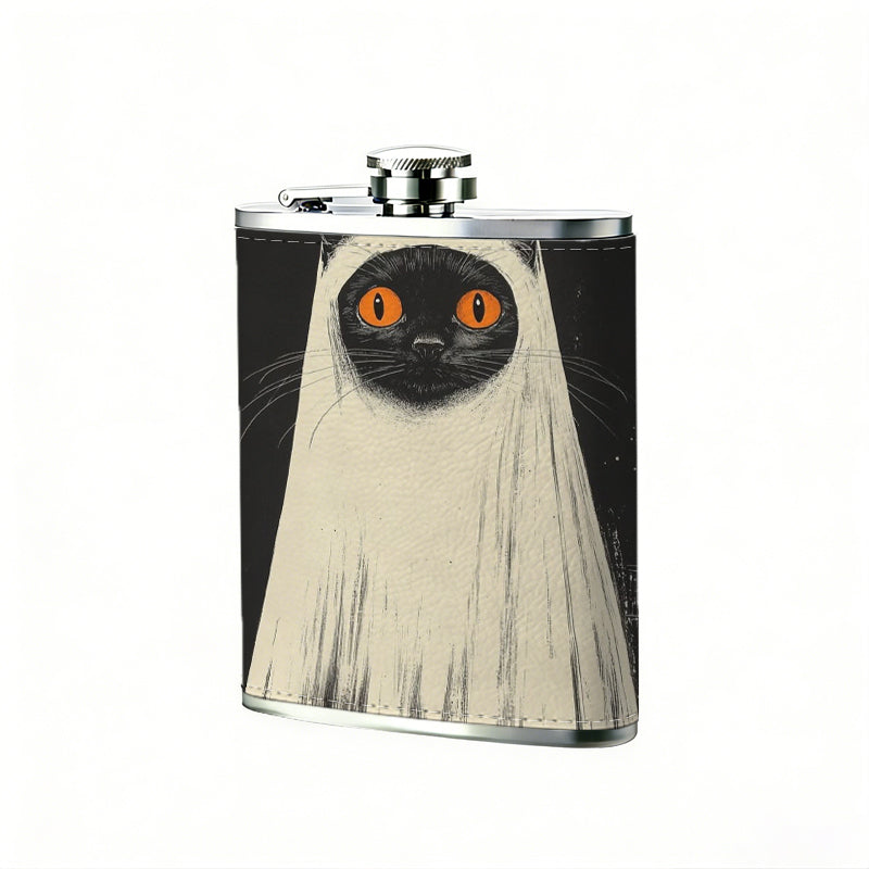 A black cat with long white tassels 8oz Portable Stainless Steel Hip Flask - Juice Flask - Perfect Groomsmen Gift - Unique Whiskey Flask for Men and Women, Wine Pot Metal - Ideal stainless steel flask for all outdoor activities
