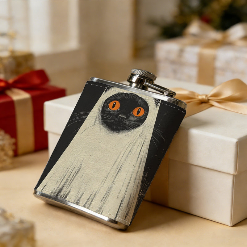 A black cat with long white tassels 8oz Portable Stainless Steel Hip Flask - Juice Flask - Perfect Groomsmen Gift - Unique Whiskey Flask for Men and Women, Wine Pot Metal - Ideal stainless steel flask for all outdoor activities