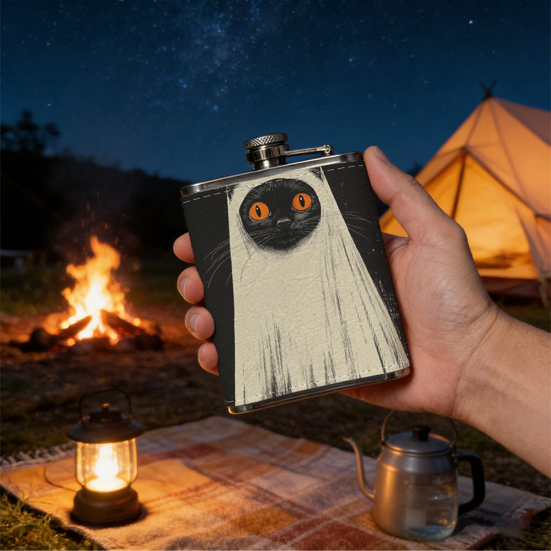 A black cat with long white tassels 8oz Portable Stainless Steel Hip Flask - Juice Flask - Perfect Groomsmen Gift - Unique Whiskey Flask for Men and Women, Wine Pot Metal - Ideal stainless steel flask for all outdoor activities