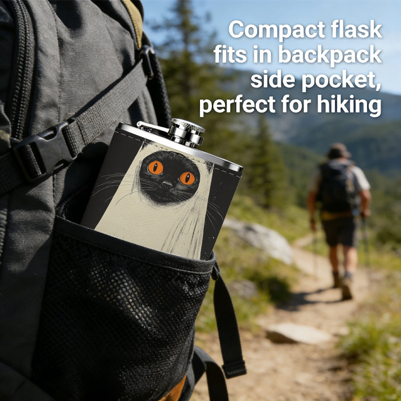 A black cat with long white tassels 8oz Portable Stainless Steel Hip Flask - Juice Flask - Perfect Groomsmen Gift - Unique Whiskey Flask for Men and Women, Wine Pot Metal - Ideal stainless steel flask for all outdoor activities