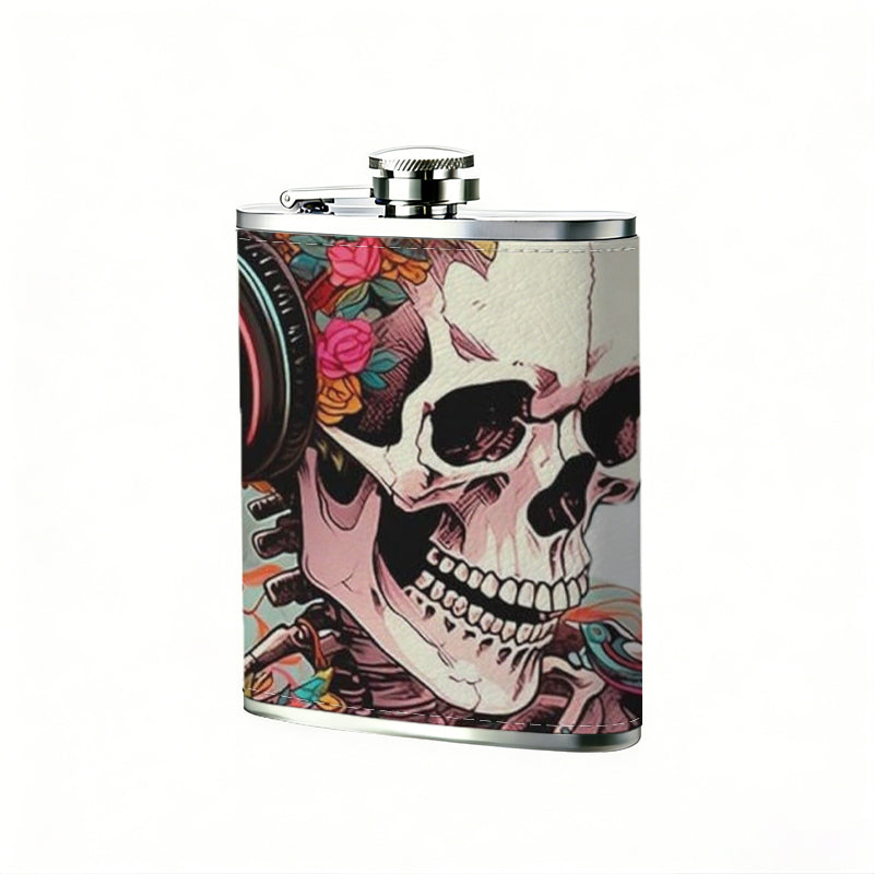 Skull wearing headphones with flowers 8oz Portable Stainless Steel Hip Flask - Juice Flask - Perfect Groomsmen Gift - Unique Whiskey Flask for Men and Women, Wine Pot Metal - Ideal stainless steel flask for all outdoor activities