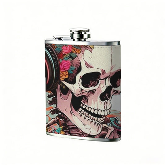 Skull wearing headphones with flowers 8oz Portable Stainless Steel Hip Flask - Juice Flask - Perfect Groomsmen Gift - Unique Whiskey Flask for Men and Women, Wine Pot Metal - Ideal stainless steel flask for all outdoor activities