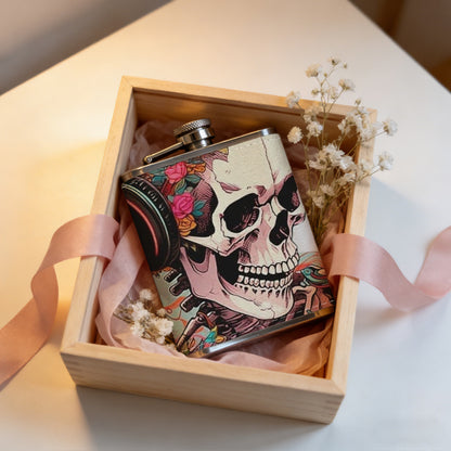 Skull wearing headphones with flowers 8oz Portable Stainless Steel Hip Flask - Juice Flask - Perfect Groomsmen Gift - Unique Whiskey Flask for Men and Women, Wine Pot Metal - Ideal stainless steel flask for all outdoor activities