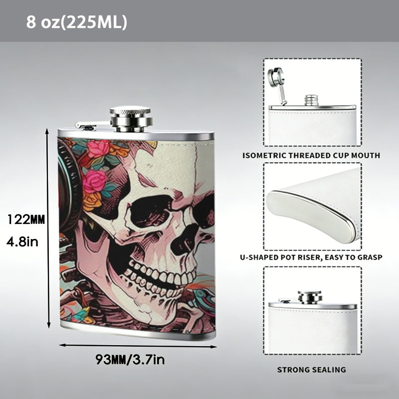 Skull wearing headphones with flowers 8oz Portable Stainless Steel Hip Flask - Juice Flask - Perfect Groomsmen Gift - Unique Whiskey Flask for Men and Women, Wine Pot Metal - Ideal stainless steel flask for all outdoor activities