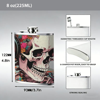Skull wearing headphones with flowers 8oz Portable Stainless Steel Hip Flask - Juice Flask - Perfect Groomsmen Gift - Unique Whiskey Flask for Men and Women, Wine Pot Metal - Ideal stainless steel flask for all outdoor activities