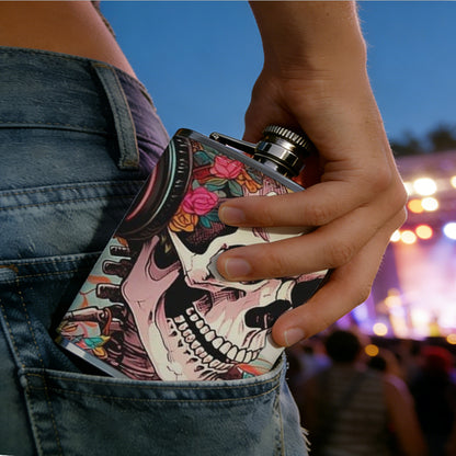 Skull wearing headphones with flowers 8oz Portable Stainless Steel Hip Flask - Juice Flask - Perfect Groomsmen Gift - Unique Whiskey Flask for Men and Women, Wine Pot Metal - Ideal stainless steel flask for all outdoor activities