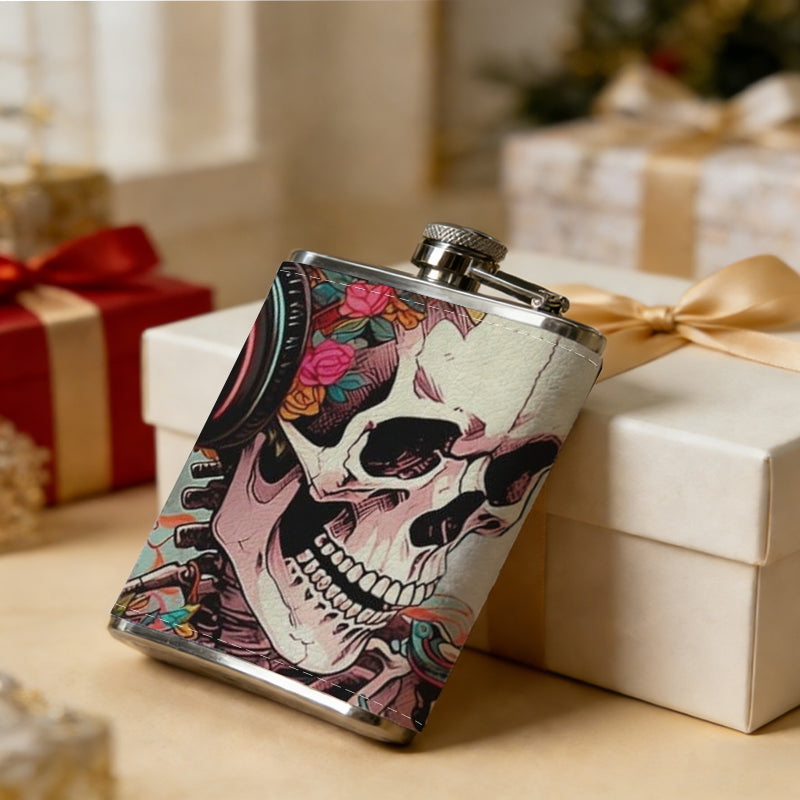 Skull wearing headphones with flowers 8oz Portable Stainless Steel Hip Flask - Juice Flask - Perfect Groomsmen Gift - Unique Whiskey Flask for Men and Women, Wine Pot Metal - Ideal stainless steel flask for all outdoor activities