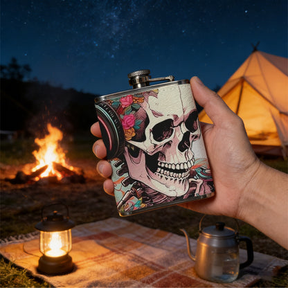 Skull wearing headphones with flowers 8oz Portable Stainless Steel Hip Flask - Juice Flask - Perfect Groomsmen Gift - Unique Whiskey Flask for Men and Women, Wine Pot Metal - Ideal stainless steel flask for all outdoor activities