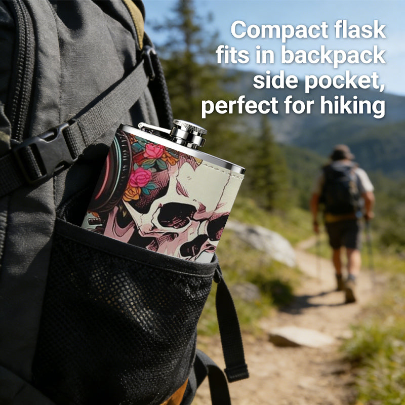 Skull wearing headphones with flowers 8oz Portable Stainless Steel Hip Flask - Juice Flask - Perfect Groomsmen Gift - Unique Whiskey Flask for Men and Women, Wine Pot Metal - Ideal stainless steel flask for all outdoor activities