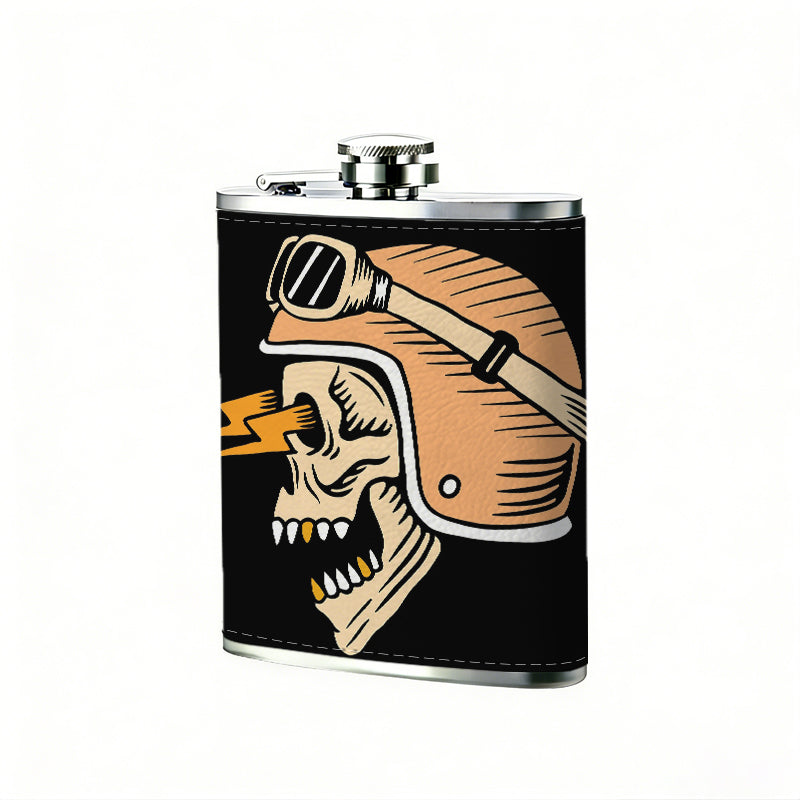 Skull wearing biker helmet and goggles 8oz Portable Stainless Steel Hip Flask - Juice Flask - Perfect Groomsmen Gift - Unique Whiskey Flask for Men and Women, Wine Pot Metal - Ideal stainless steel flask for all outdoor activities