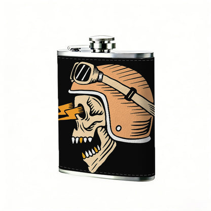 Skull wearing biker helmet and goggles 8oz Portable Stainless Steel Hip Flask - Juice Flask - Perfect Groomsmen Gift - Unique Whiskey Flask for Men and Women, Wine Pot Metal - Ideal stainless steel flask for all outdoor activities